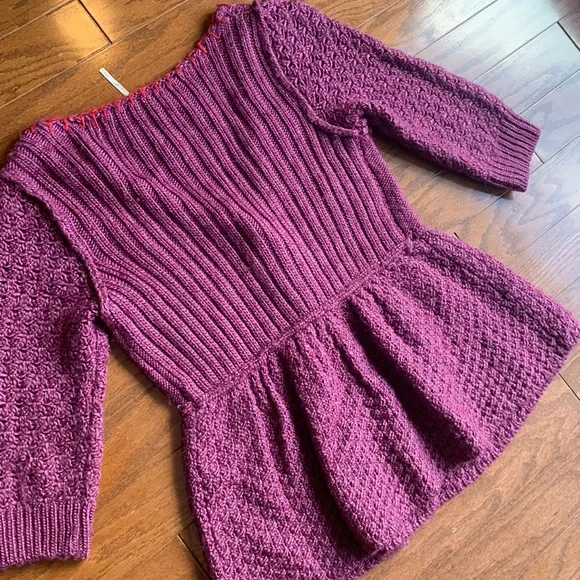 Free People Boho Knit Fuchsia V-Neck Ruffle Longline Wool Cardigan Size Medium - Picture 8 of 10